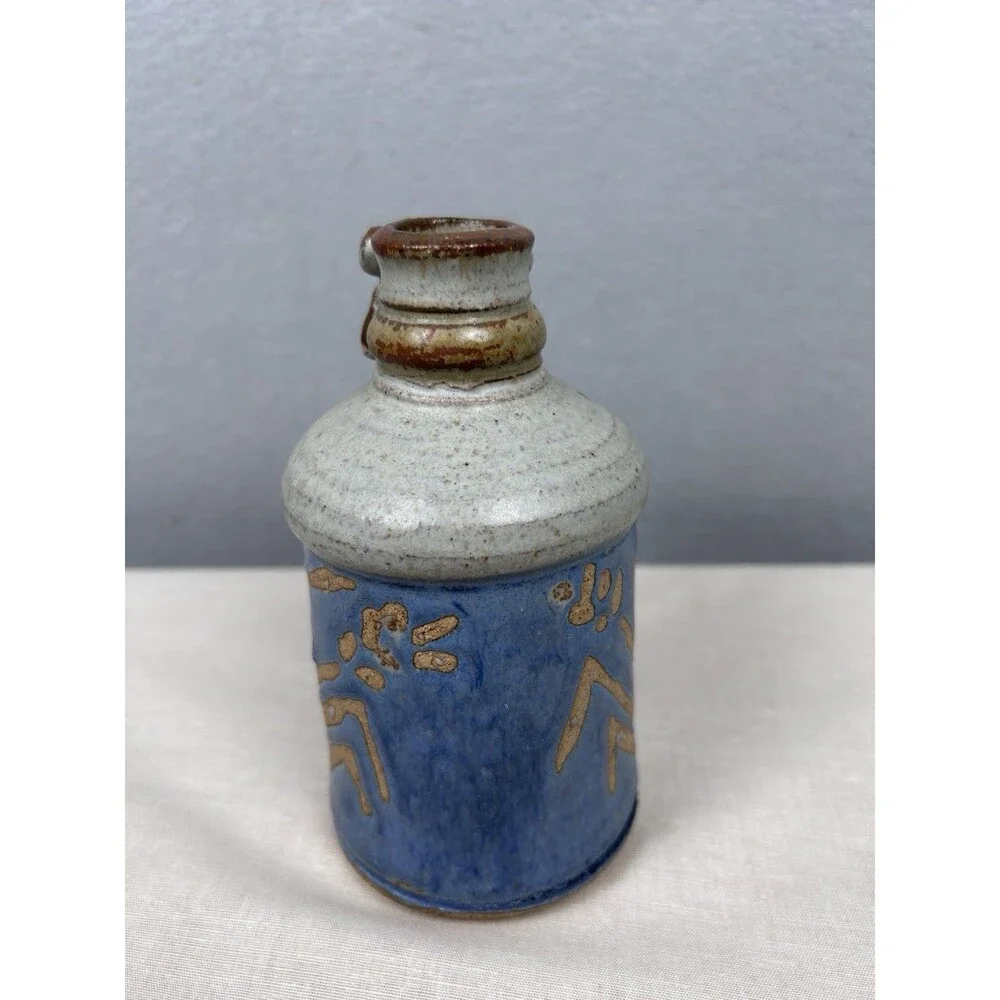 VTG Signed Hand-thrown studio pottery whiskey style jug sgraffito MCM Folk